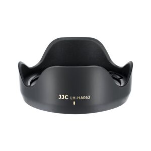 1709116016_563 The black JJC HA063 lens hood (Tamron 28-75mm f/2.8 Di III VXD G2) with petal-shaped lens hood is visible from the front on a white background. The product name appears in white and yellow text on the side.
