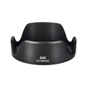 JJC EW 55II Canon -vastavalosuoja, musta terälehden muotoinen kameran objektiivin suojus, näkyy valkoisella pohjalla.