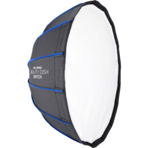 1713354585_213 Musta ja sininen kokoontaitettava Westcott Beauty Dish -kytkin, jossa on hopeinen sisäpuoli ja valkoinen diffuusion etupuoli, joka on suunniteltu studiokuvauksen valaistukseen.