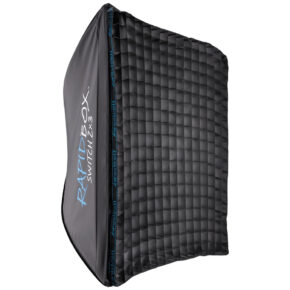 1713361091_810 Westcott 40 Degree Egg Crate Grid for Rapid Box Switch 2x3, with a black rectangular softbox with a grid pattern on the front and blue and white lettering on the side.
