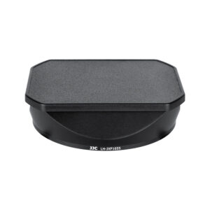 1715074473_930 The black, octagonal JJC LH JXF1655 Fuji lens hood for the Fujino XF 16-55mm f/2.8 R LM WR is shown on a white background.