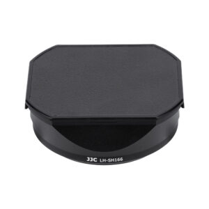 1715075207_354 The black, octagonal JJC LH SH166 lens hood for Sony FE 24mm/40mm/50mm f/2.8 G lenses is pictured here with the model number on the front, photographed against a white background.