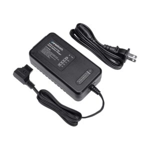 1716546755_940 The Westcott 14.8 V D-Tap Li-Ion battery charger is a black charger with a power cord, standard two-pin plug, indicator lights, labelled instructions at the top and an output cable with a D-Tap connector for charging devices.