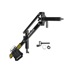 Westcott Easy Boom 36 cm:n jatkovarsi mustana ja hopeisena, jossa on säädettävät nivelet, kiinnitin, painolaukku ja kiinnitystarvikkeet, kuvassa valkoisella pohjalla.