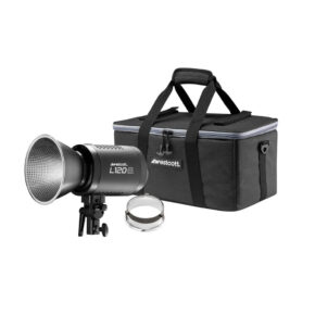 1724660967_900 Ammattimainen studiovalosarja, jossa on Westcott L120-B Bi-Color COB LED (120W) (C-tyyppi - EU), hopeinen kiinnitysrengas ja musta kantolaukku, jossa on kahvat ja vetoketju, valkoisella pohjalla.