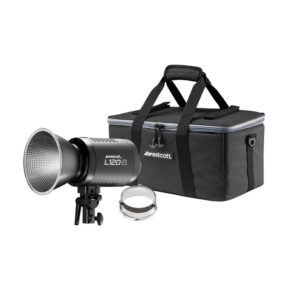 1724660967_900 Ammattimainen studiovalosarja, jossa on Westcott L120-B Bi-Color COB LED (120W) (C-tyyppi - EU), hopeinen kiinnitysrengas ja musta kantolaukku, jossa on kahvat ja vetoketju, valkoisella pohjalla.