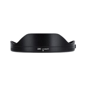 1737469177_589 Musta JJC LH-SH177 Lens Hood -vastavalosuoja, kuvattuna edestä valkoisella pohjalla, korostaa sen terälehden muotoilua ja sivuun painettua mallinimeä.