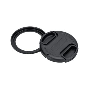 1737726927_514 JJC RN-SR26 Filter Adapter & Lens Cap Kit, jossa on musta suojus, jossa on kaksi puristuskahvaa ja erillinen suodatinrengas, näkyy valkoisella pohjalla.
