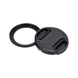1737726927_514 JJC RN-SR26 Filter Adapter & Lens Cap Kit, jossa on musta suojus, jossa on kaksi puristuskahvaa ja erillinen suodatinrengas, näkyy valkoisella pohjalla.