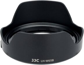 Musta JJC EW 65B Canon -vastavalosuoja, jossa on terälehden muotoinen kuvio, näkyy valkoista taustaa vasten.