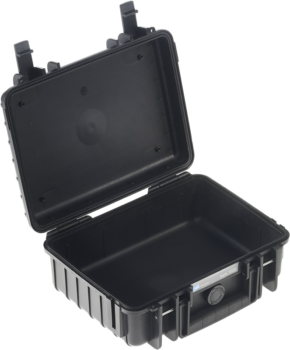 800q-01_112229 B&W Type 1000 hard camera bag (empty), black: a hard-shell black camera bag, presented open with empty interior, sturdy latches and front handle.