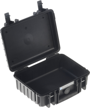 800q-01_112229 B&W Type 1000 hard camera bag (empty), black: a hard-shell black camera bag, presented open with empty interior, sturdy latches and front handle.