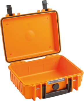 800q-01_112238 B&W Type 1000 hard camera case (empty), orange, is an open, hard shell orange case with handle and black latches. It has an empty interior, making it ideal for the safe storage or transport of delicate items.