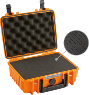 800q-01_112239 The B&W Type 1000 hard camera case (pre-cut foam), orange, is an open, bright orange hard case with black foam padding inside - the lid is eggshell foam and the bottom is pre-cut grid foam; the inside is accented with foam texture.