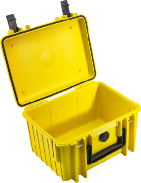 800q-01_112244 B&W Type 2000 hard camera case (empty), yellow, is a bright yellow hard plastic case with hinged open lid, black latches and sturdy black handle. The empty interior is visible, and the case is visible on a white background.
