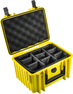 800q-01_112246 The B&W Type 2000 hard camera bag (room dividing system), yellow, is a yellow hard plastic carrying case with an open lid, black foam padding and adjustable compartments for organizing and protecting your gear.
