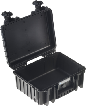 800q-01_112247 The B&W Type 3000 hard camera case (empty), black is a black hard plastic case with handle, secure latches, open hinged lid, empty interior and rugged ribbed exterior.