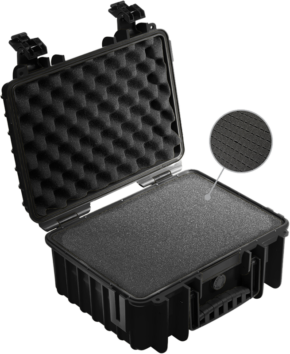 800q-01_112248 The B&W Type 3000 black hard shell camera case has pre-cut foam inserts and egg crate foam on the lid. The interior accentuates the foam structure and grid pattern. When opened, the case has secure latches.