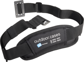 800q-01_112335 The B&W sleeve strap is a black, adjustable strap with a padded outdoor.cases section and size markings 3000, 4000 and 5000, designed for carrying equipment cases.