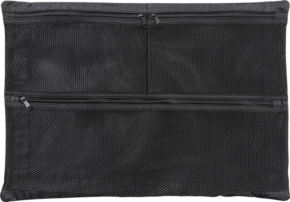 800q-01_112350 The BW OUTDOOR CASES MESHBAG /MB FOR TYPE 6500 is a black mesh-style storage bag with two zipped compartments; it is shown in the picture against a plain white background.