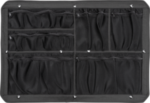 BW OUTDOOR CASES MESHBAG/MB FOR TYPE 7800 on musta kangasorganisaattori, jossa on useita verkkovetoketjullisia verkkotaskuja ja metalliset läpiviennit, ihanteellinen varastointiin tai matkustamiseen.