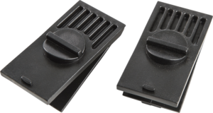 Pari BW Outdoor Quick Release Hinges for Outdoor.Cases (koko 3000-6800) on esitetty vaalealla pohjalla, ja niissä on kestävää mustaa muovia, jossa on ura-aukot ja pyöreät keskinupit turvallista kiinnitystä varten.