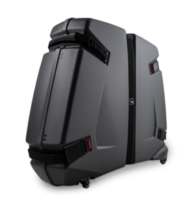 800q-01_120774 The BW Outdoor Cases for Bike.Bag II is a large, black hard-shell suitcase with a modern design, rounded edges and four wheels, which provide extra protection whilst travelling. It is pictured in an upright position against a light grey background.
