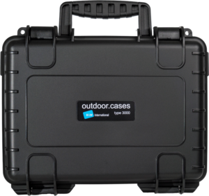 800q-01_123721 A black hard-shell BW Outdoor Cases Type 3000 case, featuring custom-moulded foam for the Samyang V-AF T1.9 for the Sony FE, and which features a handle, reinforced corners and secure latches, has a label on the front for identification and portability.