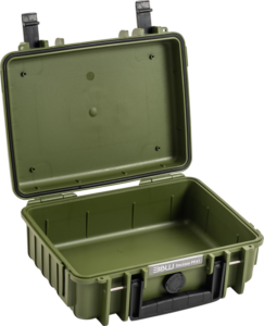 BW OUTDOOR CASES TYPE 1000 / BRONZE GREEN (EMPTY) is an olive-green, open, hard-shell protective case with black latches and a handle. Viewed from the front, the interior is empty, with no compartments or padding visible.