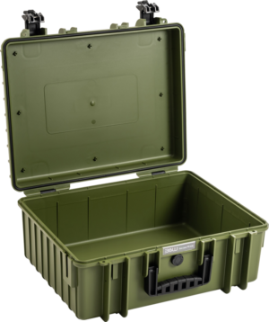 800q-01_126533 The BW Outdoor Cases Type 6000 in bronze-green is a large hard-shell storage case with a ribbed exterior, a hinged lid that opens upwards, black top latches, a black front handle and an empty interior.