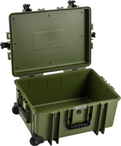 800q-01_126536 The BW OUTDOOR CASES TYPE 6800 / BRONZE GREEN (EMPTY) is a durable hard-shell case featuring a hinged lid, a sturdy side handle, latches and two wheels, ideal for protective storage and transport.