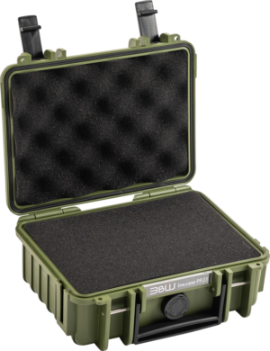 Open BW OUTDOOR CASES TYPE 500 bronze-green, a BW OUTDOOR CASES TYPE 500 made of hard plastic, containing pre-cut black foam, fitted with two lid latches and bearing the marking "bw.case PP23" on the front.