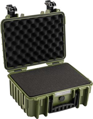 800q-01_126541 BW OUTDOOR CASES TYPE 3000 / BRONZE GREEN (PRE-CUT FOAM) is a hard protective case with a foam-lined interior and a handle, ideal for the safe storage or transport of fragile items.