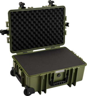 BW Outdoor Cases Type 6700 The bronze-green BW Outdoor Cases Type 6700 has a hard shell, pre-cut foam interior, black latches and wheels, and appears open and empty against a light background.