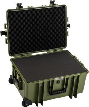 800q-01_126549 The BW Outdoor Cases Type 6800 in bronze-green color features a hard shell, pre-cut foam interior, black latches, wheels and handle that provide secure transport for sensitive equipment.