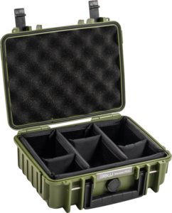 800q-01_126551 The BW Outdoor Cases Type 1000 in bronze green has a hard shell with an open lid, interior foam padding and adjustable padded dividers that create five compartments for secure storage of gear.