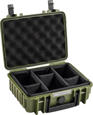 800q-01_126551 The BW Outdoor Cases Type 1000 in bronze green has a hard shell with an open lid, interior foam padding and adjustable padded dividers that create five compartments for secure storage of gear.
