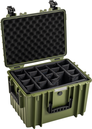 800q-01_126556 The BW Outdoor Cases Type 5500 in bronze green has a sturdy hard shell, black foam padded lid and adjustable padded dividers inside to organize and protect cameras, electronics and other valuables.