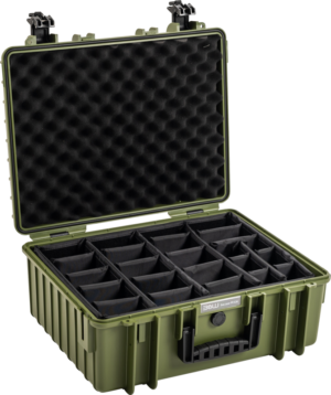 BW Outdoor Cases Type 6000 / Bronze green (divider system) is an open, hard plastic storage case with black foam lid padding and several adjustable compartments to protect and organize your gear.