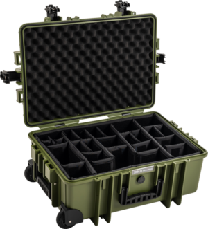 800q-01_126558 The BW Outdoor Cases Type 6700 in bronze green features a hard shell, black foam padding on the lid and customizable padded dividers for secure transportation of equipment or electronics.