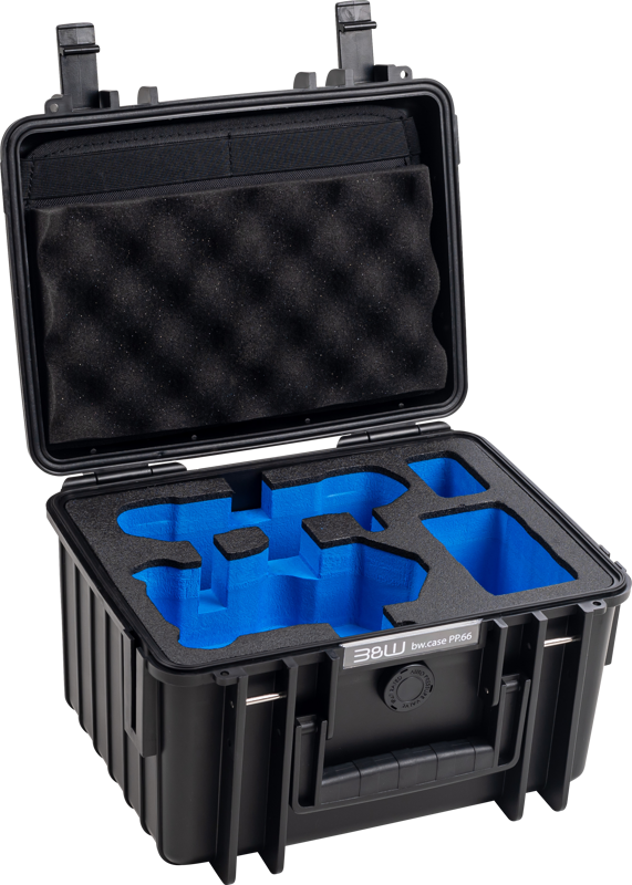 800q-01_126682 Mustassa BW Outdoor Cases Type 2000 for DJI Mini 4 Pro -mallissa on kova kuori, avoin kansi, räätälöidyt siniset vaahtomuoviset insertit varusteiden järjestämiseen ja munakennovaahto kannen sisällä.