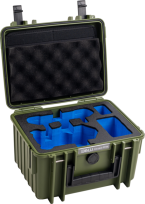 BW Outdoor Cases Type 2000 for DJI Mini 4 Pro -laitteeseen pronssinvihreässä pronssinvihreässä BW Outdoor Cases Type 2000 for DJI Mini 4 Pro -laitteessa on mustat salvat, räätälöidyt siniset vaahtomuovilokerot ja musta pehmustettu kannen vuori arkojen laitteiden turvallista säilytystä ja kuljetusta varten.