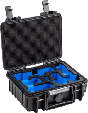 800q-01_127062 Mustassa BW Outdoor Case Type 500 for DJI Osmo Pocket 3 Creator Combo -laukussa on kova kuori, avoin kansi, räätälöity sininen vaahtomuovinen sisustus turvallista laitteiden säilytystä varten ja kuvioitu vaahtomuovinen kansi lisäsuojaa varten.