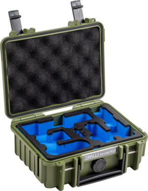 800q-01_127064 The durable bronze-green BW Outdoor Case Type 500 case for the DJI Osmo Pocket 3 Creator Combo features black honeycomb foam in the lid, blue custom-cut inserts in the base, sturdy latches, and is open-top for the safe storage and transport of equipment.