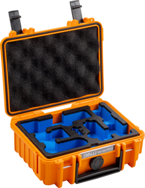 800q-01_127065 The BW Outdoor Case Type 500 for the DJI Osmo Pocket 3 Creator Combo is an open-fronted orange hard case, featuring black and blue customised foam inserts and black foam padding on the lid, designed to securely hold and protect your device.