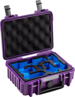 800q-01_127068 BW Outdoor Case Type 500 for the DJI Osmo Pocket 3 Creator Combo – in purple, featuring black hinges, custom-made blue and black foam inserts for safe storage of your equipment, and foam padding on the lid for extra protection.