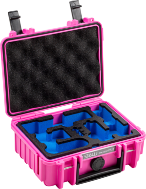 800q-01_127069 A light pink BW Outdoor Case Type 500 for the DJI Osmo Pocket 3 Creator Combo, featuring a black outer shell, blue interior and a plastic construction.