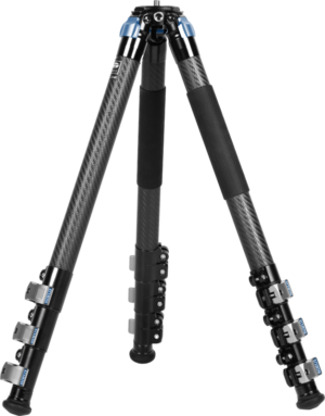 800q-01_127280 The Sirui Carbon Tripod L-324F features black carbon fibre construction, three adjustable legs with blue metal hinges, foam handles on two legs and reversible locks for height adjustment.
