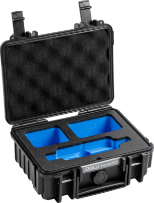 800q-01_127468 BW OUTDOOR CASE TYPE 500 FOR INSTA360 X3, BLACK, is a hard-shell carry case with a flip-top lid that reveals blue foam inserts featuring three compartments and a textured black foam lining on the inner lid.