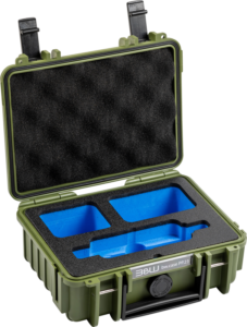 800q-01_127470 BW Outdoor Case Type 500 for the Insta360 X3 in bronze-green: The BW Outdoor Case Type 500 for the Insta360 X3 features a durable design with a flip-top lid, custom-made blue foam inserts and black foam, providing safe storage and transport for delicate items.